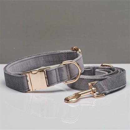 Grey velvet bow collar and leash set