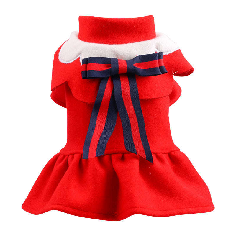 Navy woolen student-style pet dress with bow, front view