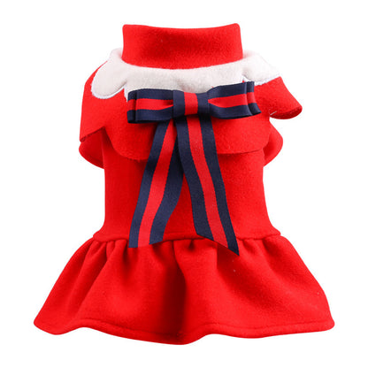 Navy woolen student-style pet dress with bow, front view