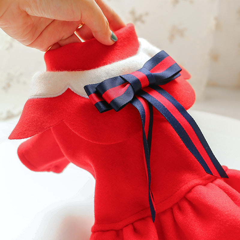 Navy Blue woolen pet dress with red-striped bow