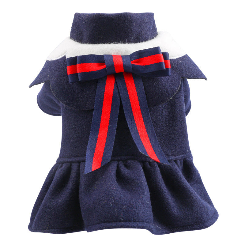 Navy woolen bow dress for small dogs, back view with white collar