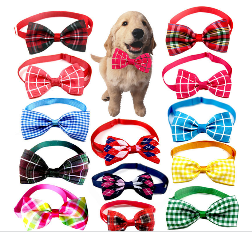Puppy wearing a soft pink grid plaid bow scarf