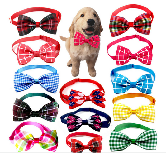 Puppy wearing a soft pink grid plaid bow scarf