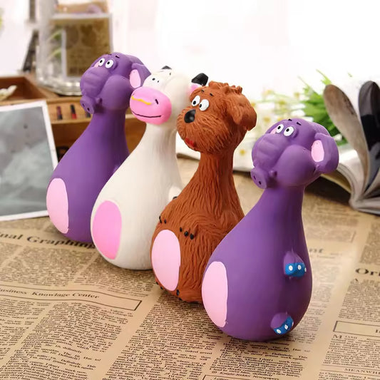 Four soft latex squeaky toys for small dogs in cheerful colors