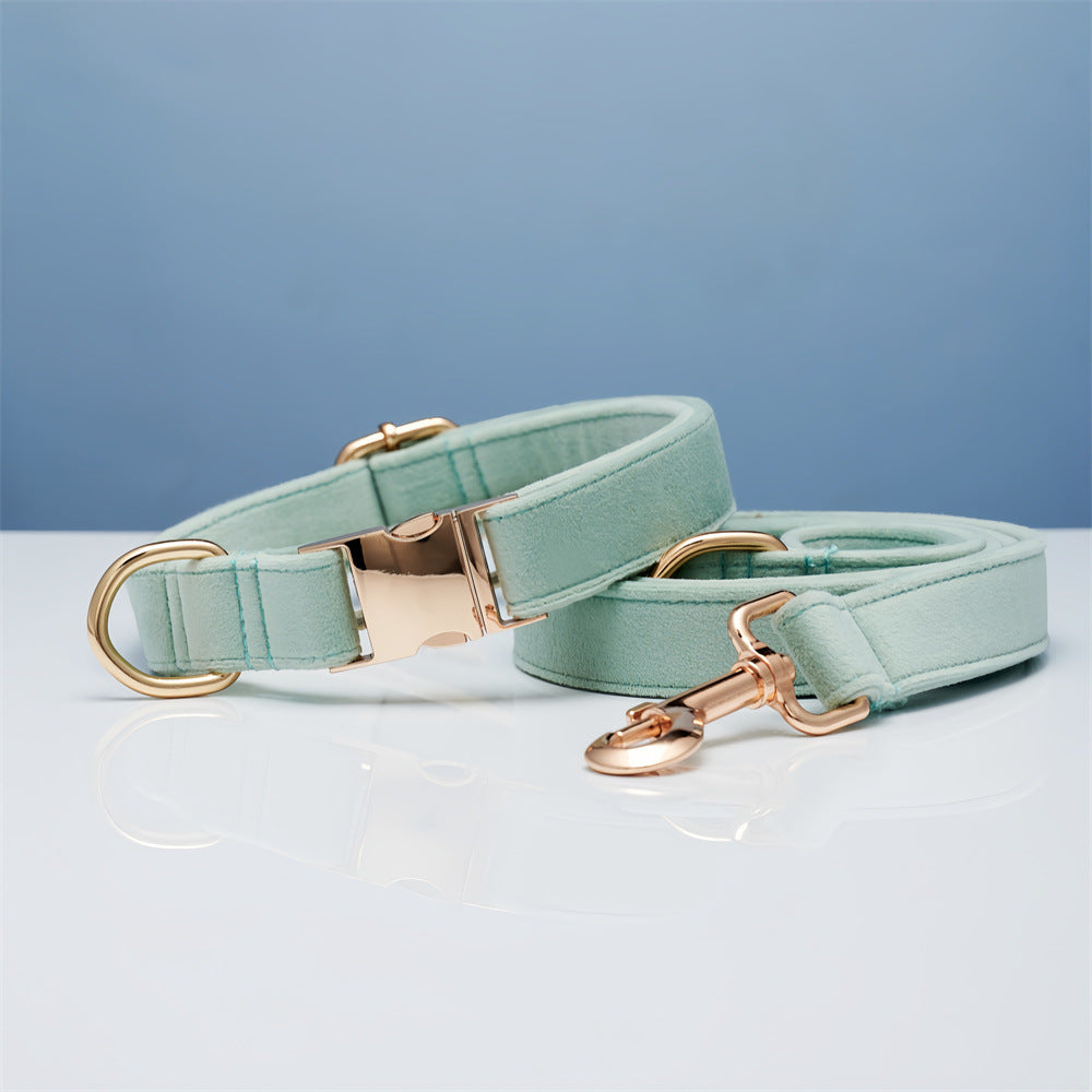 Soft blue velvet bow collar and leash set