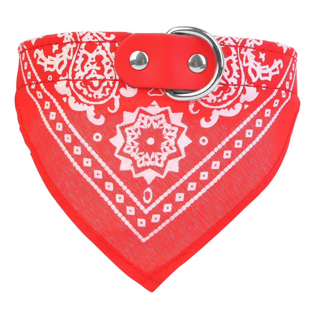 Small dog wearing a red triangle bandana collar