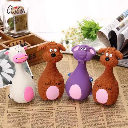 Colorful latex squeaky dog toy set lined up side by side